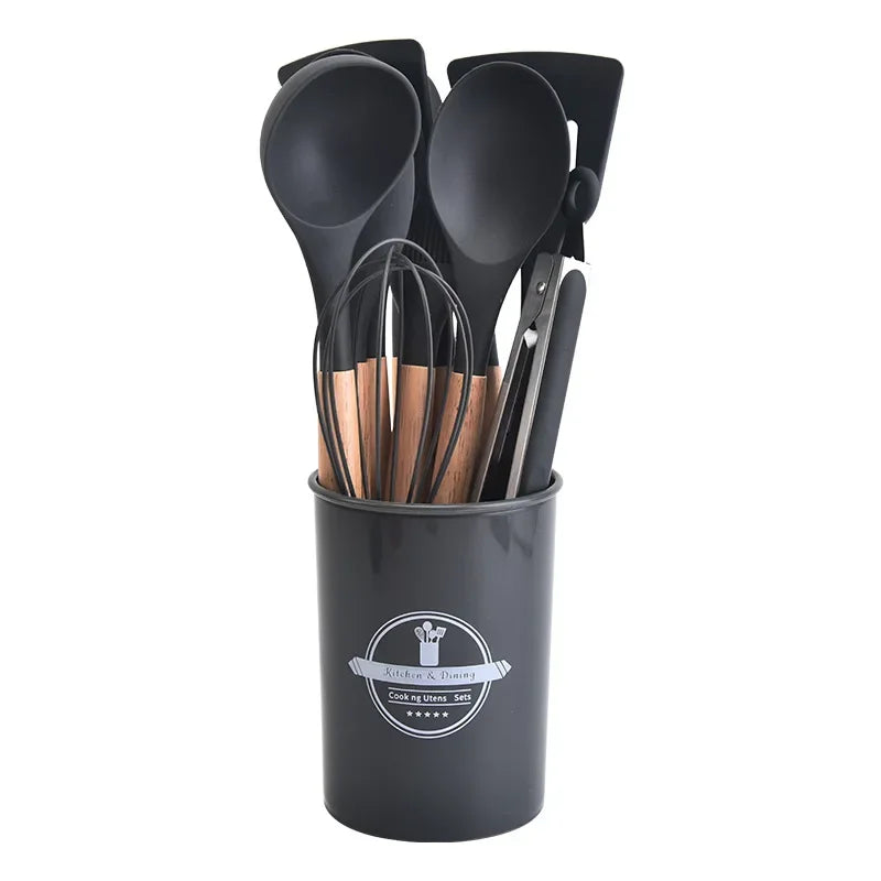 This 12-piece silicone kitchen utensil set combines high-quality, heat-resistant silicone with ergonomic wooden handles for superior comfort and grip. Designed for use with nonstick cookware, these tools prevent scratching while withstanding temperatures up to 446°F (230°C). The BPA-free, dishwasher-safe construction ensures safety and easy cleaning. Versatile and durable, this set is ideal for a wide range of cooking tasks, offering both functionality and longevity in your kitchen.