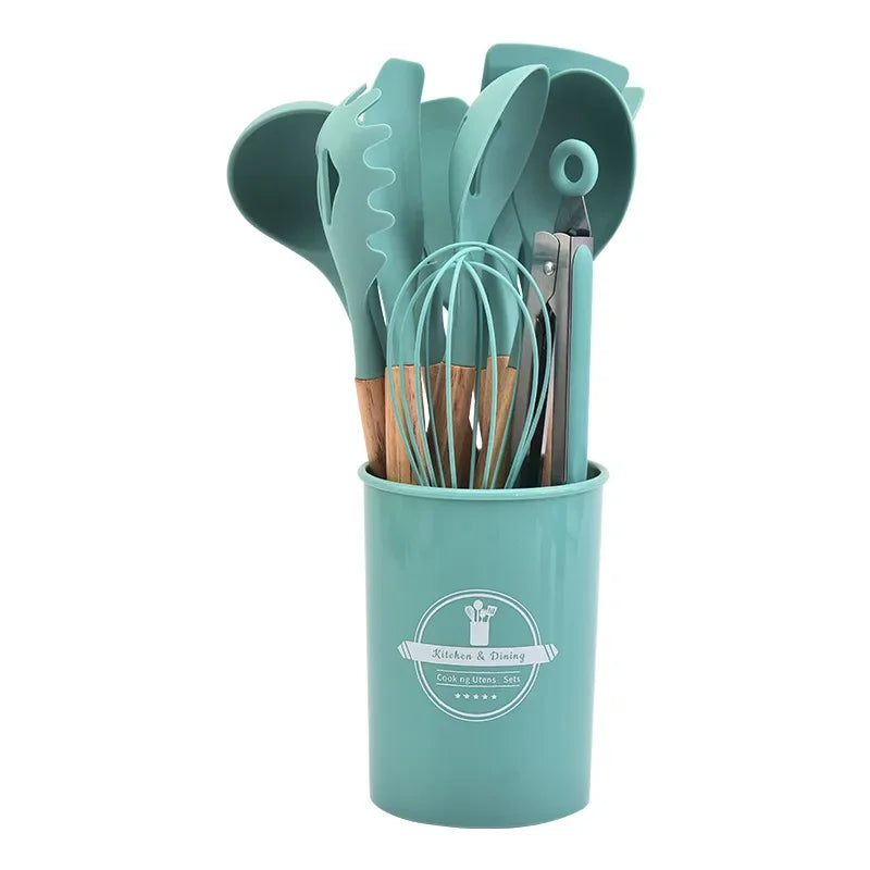 This 12-piece silicone kitchen utensil set combines high-quality, heat-resistant silicone with ergonomic wooden handles for superior comfort and grip. Designed for use with nonstick cookware, these tools prevent scratching while withstanding temperatures up to 446°F (230°C). The BPA-free, dishwasher-safe construction ensures safety and easy cleaning. Versatile and durable, this set is ideal for a wide range of cooking tasks, offering both functionality and longevity in your kitchen.
