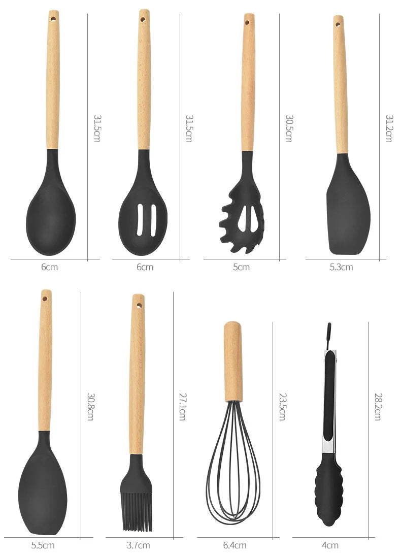 This 12-piece silicone kitchen utensil set combines high-quality, heat-resistant silicone with ergonomic wooden handles for superior comfort and grip. Designed for use with nonstick cookware, these tools prevent scratching while withstanding temperatures up to 446°F (230°C). The BPA-free, dishwasher-safe construction ensures safety and easy cleaning. Versatile and durable, this set is ideal for a wide range of cooking tasks, offering both functionality and longevity in your kitchen.