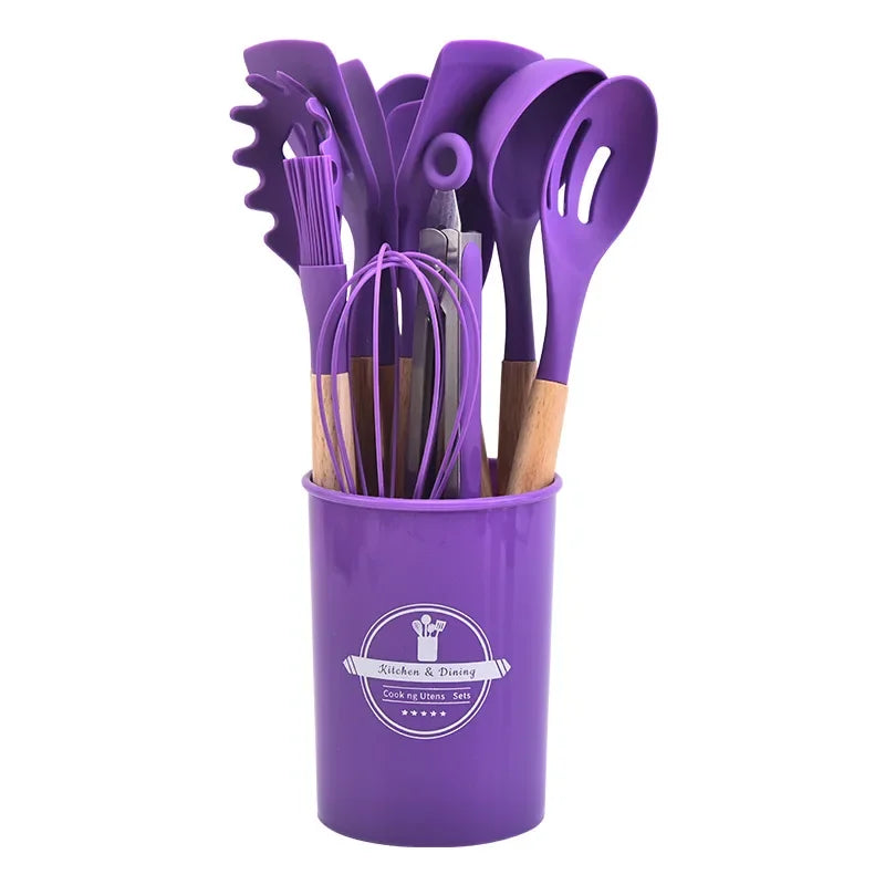 This 12-piece silicone kitchen utensil set combines high-quality, heat-resistant silicone with ergonomic wooden handles for superior comfort and grip. Designed for use with nonstick cookware, these tools prevent scratching while withstanding temperatures up to 446°F (230°C). The BPA-free, dishwasher-safe construction ensures safety and easy cleaning. Versatile and durable, this set is ideal for a wide range of cooking tasks, offering both functionality and longevity in your kitchen.