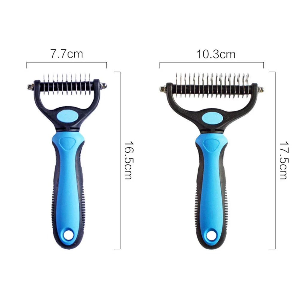 A pet grooming tool with a blue and black handle, removing loose fur from dog, cats any pet