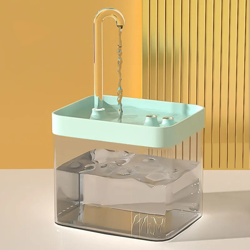 A modern water fountain with a sleek square design, dimensions labelled, showcasing a clear water stream and minimalistic style.