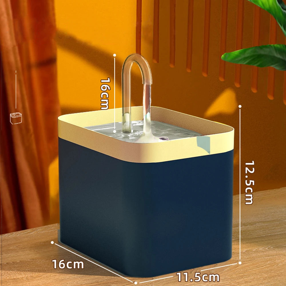 A modern water fountain with a sleek square design, dimensions labelled, showcasing a clear water stream and minimalistic style.