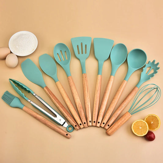 This 12-piece silicone kitchen utensil set combines high-quality, heat-resistant silicone with ergonomic wooden handles for superior comfort and grip. Designed for use with nonstick cookware, these tools prevent scratching while withstanding temperatures up to 446°F (230°C). The BPA-free, dishwasher-safe construction ensures safety and easy cleaning. Versatile and durable, this set is ideal for a wide range of cooking tasks, offering both functionality and longevity in your kitchen.