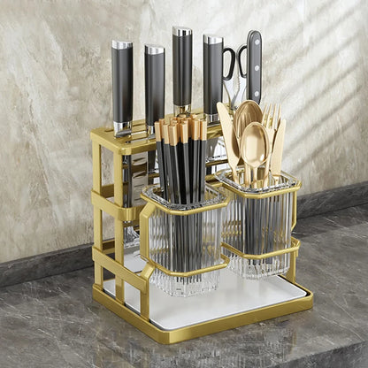 This Kitchen Countertop Cutlery Holder offers dedicated compartments to neatly store up to 6 knives and 30 pairs of chopsticks, ensuring efficient organization. Its design allows for convenient placement on your kitchen counter, keeping essential utensils within easy reach while maintaining a tidy workspace. Ideal for maintaining order and accessibility in busy kitchens.
