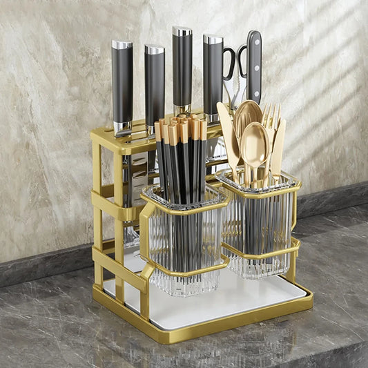 This Kitchen Countertop Cutlery Holder offers dedicated compartments to neatly store up to 6 knives and 30 pairs of chopsticks, ensuring efficient organization. Its design allows for convenient placement on your kitchen counter, keeping essential utensils within easy reach while maintaining a tidy workspace. Ideal for maintaining order and accessibility in busy kitchens.