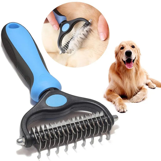 A pet grooming tool with a blue and black handle, removing loose fur from dog, cats any pet 