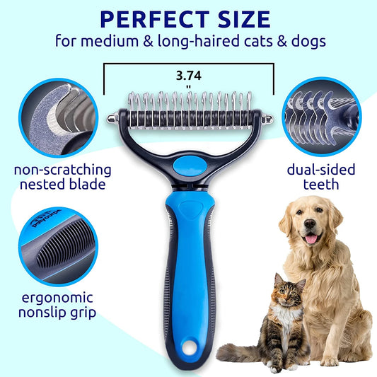 A pet grooming tool with a blue and black handle, removing loose fur from dog, cats any pet 
