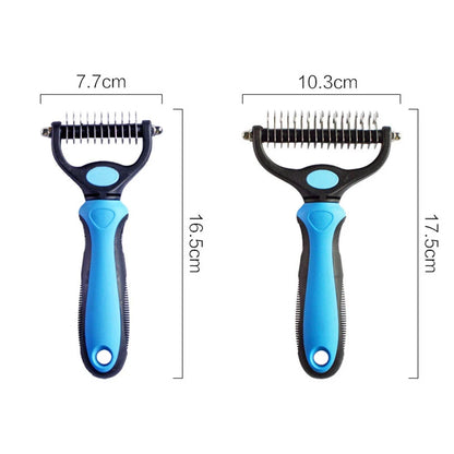 A pet grooming tool with a blue and black handle, removing loose fur from dog, cats any pet 