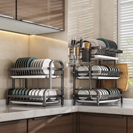 Dish Drying Rack Bowl Racks Multi Layer Kitchen Utensil Storage Drainboard Set Large Rust-proof Dish Drainer with Utensil Holder