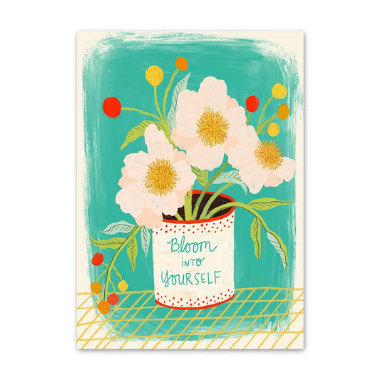 A colourful illustration featuring pink flowers in a pot with the phrase "Bloom into yourself" against a teal background.